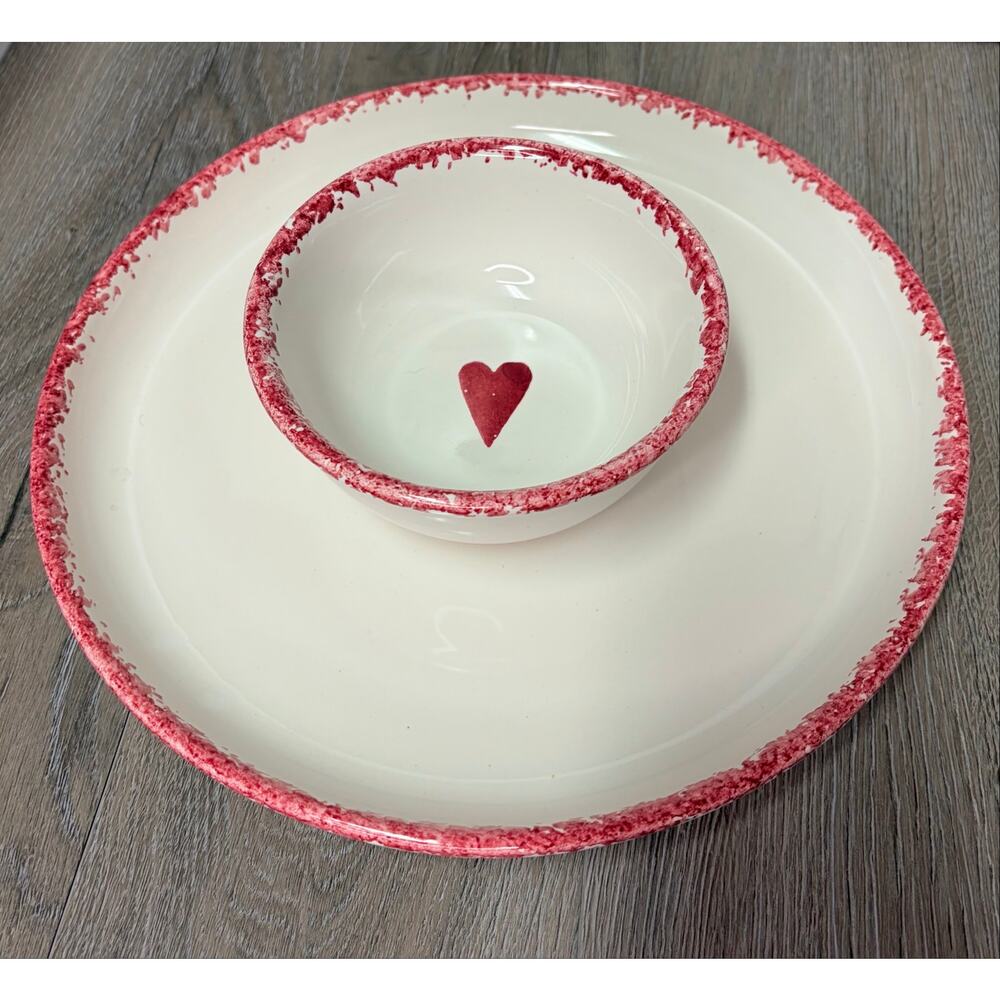 Vintage Chaparral Pottery USA Country Heart Chip Dip Set Spongeware